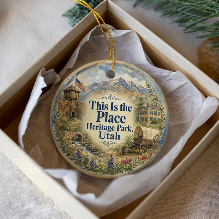 A decorative ornament in a white box, featuring a scenic illustration of a mountain landscape with a building and a wagon, along with the text "This is the Place Heritage Park, Utah".