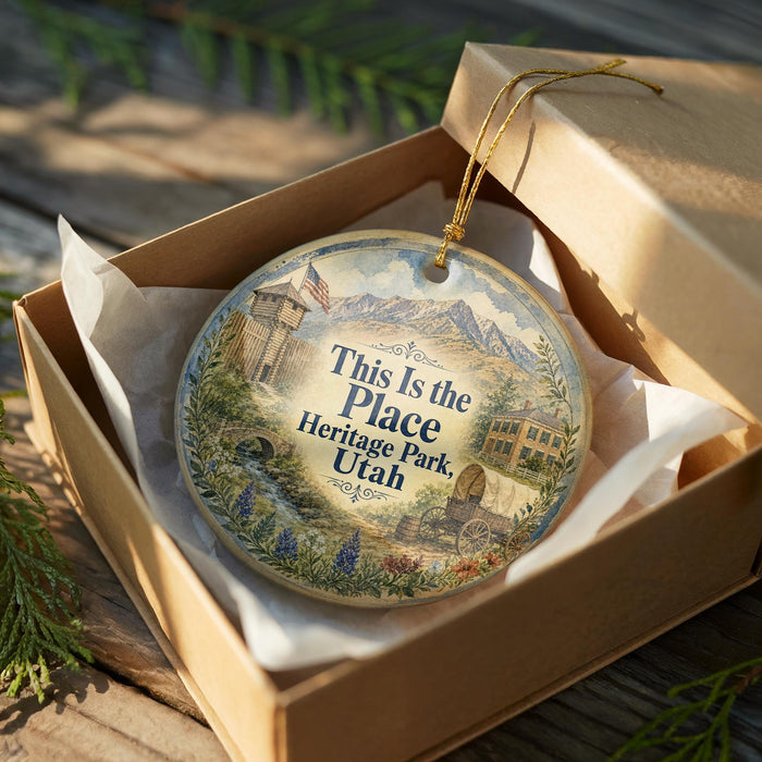 A decorative ornament in a wooden box, featuring a scenic landscape with mountains, buildings, and greenery.