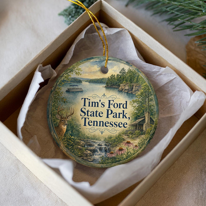 A round ornament with a scenic image of Tim's Ford State Park, Tennessee, hanging from a string.