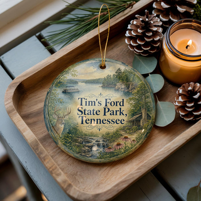 A wooden tray with a decorative ornament featuring a scenic image of Tim's Ford State Park, Tennessee, along with pine cones and a lit candle.