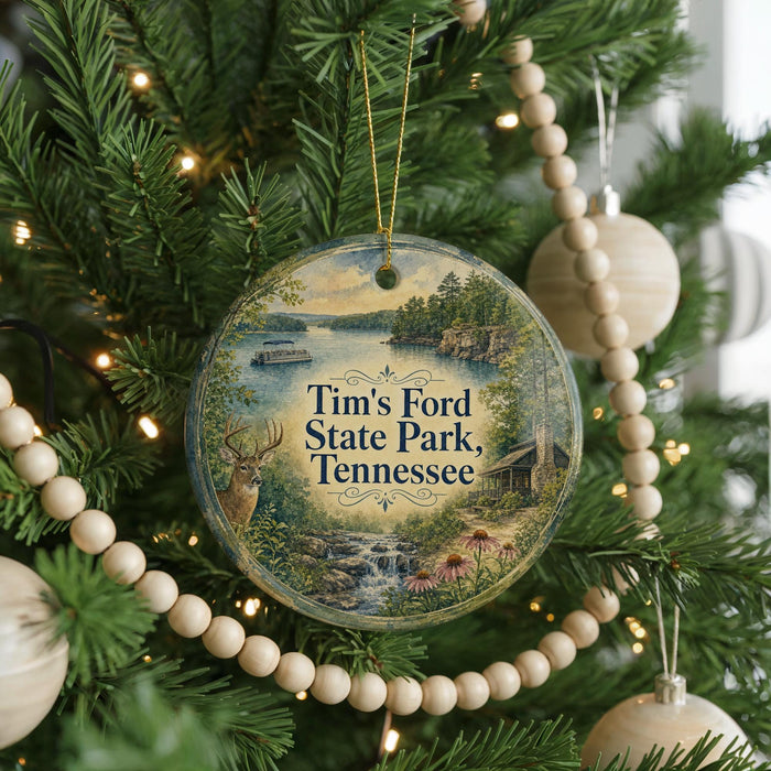 A round ornament hanging on a Christmas tree, featuring a scenic image of Tim's Ford State Park, Tennessee.