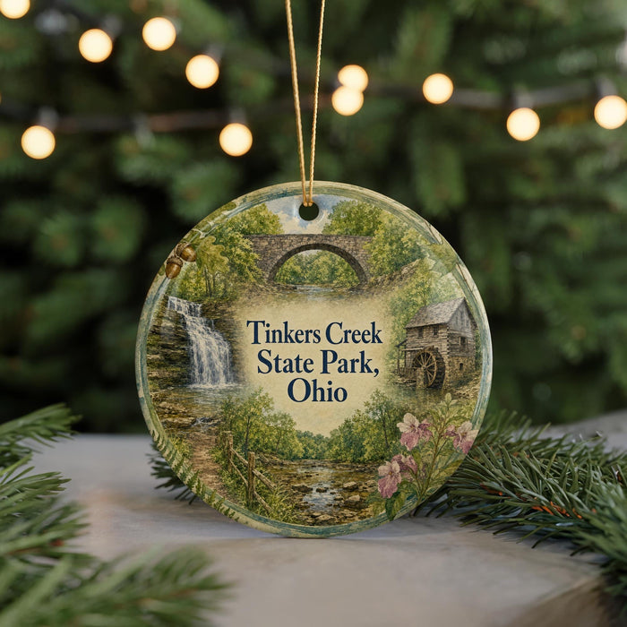 A decorative ornament featuring a scenic image of Tinkers Creek State Park, Ohio, with a waterfall, bridge, and surrounding greenery.