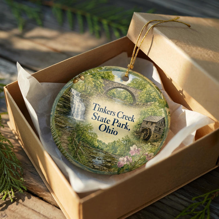 A decorative ornament in a box, featuring a scenic image of Tinkers Creek State Park in Ohio.
