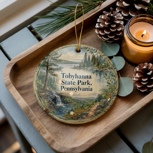 A wooden tray with a decorative ornament featuring a scenic landscape of Tobyhanna State Park, Pennsylvania, and pine cones.