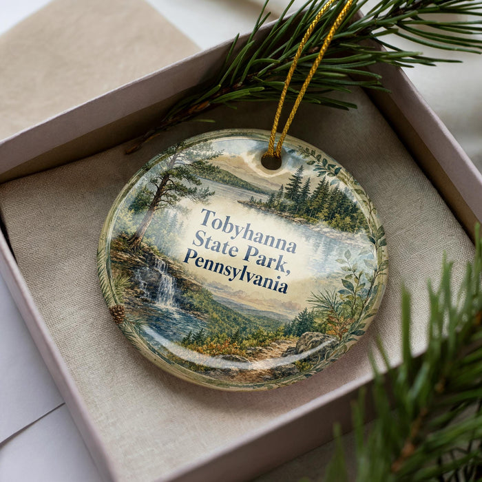A decorative ornament in a box, featuring a scenic landscape with a waterfall and pine trees.