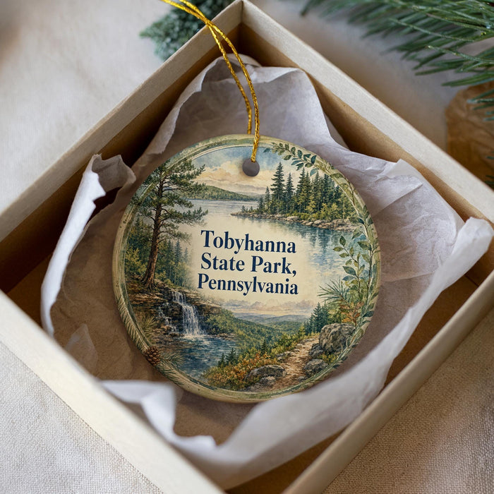 A round ornament with a scenic landscape of trees, water, and a waterfall, featuring the text "Tobyhanna State Park, Pennsylvania".