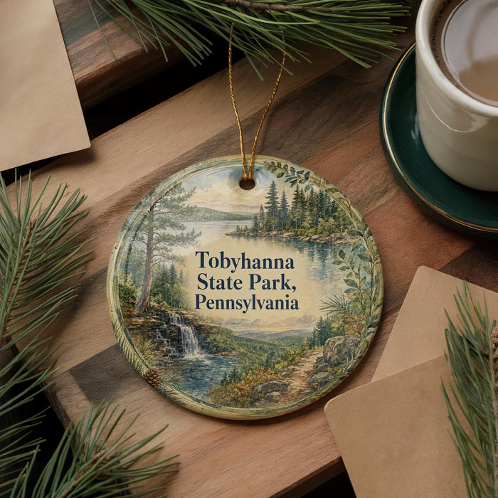 A round ornament with a scenic landscape of trees, water, and a waterfall, featuring the text "Tobyhanna State Park, Pennsylvania".