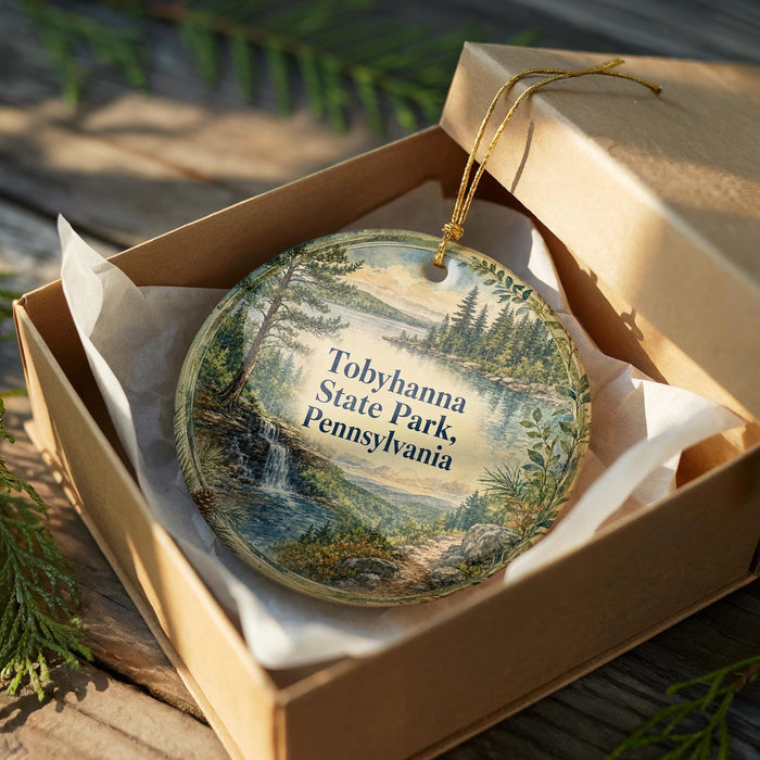 A decorative ornament in a brown box, featuring a scenic landscape with a waterfall and pine trees, with the text "Tobhanna State Park, Pennsylvania" printed on it.
