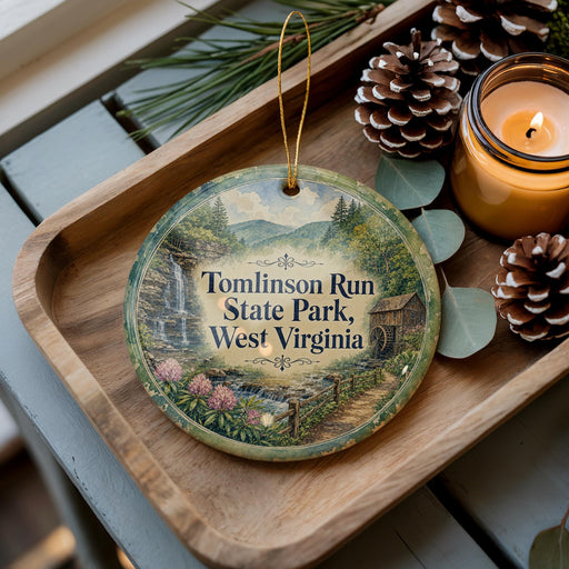 A decorative ornament with a scenic image of Tomlinson Run State Park, West Virginia, is displayed on a wooden tray alongside pine cones and a lit candle.