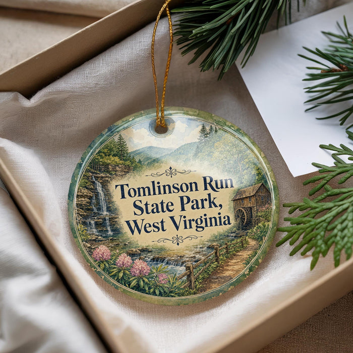A decorative ornament with a scenic landscape of Tomlinson Run State Park, West Virginia, featuring a waterfall, pine trees, and a wooden cabin.