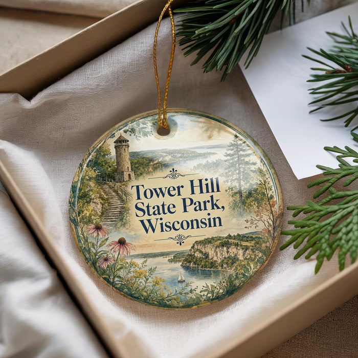 A decorative ornament with a scenic landscape of Tower Hill State Park, Wisconsin, featuring a lighthouse, pine trees, and a river.