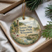 A decorative ornament with a scenic landscape of Tower Hill State Park, Wisconsin, featuring a lighthouse, pine trees, and a river.