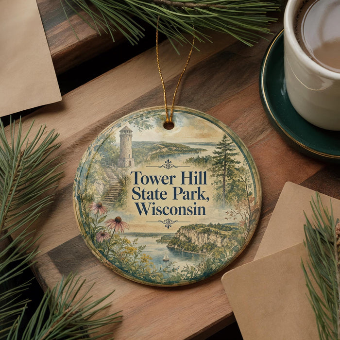 A decorative ornament featuring a scenic landscape with a lighthouse, surrounded by pine branches and pine needles, placed on a wooden surface alongside a cup of coffee.
