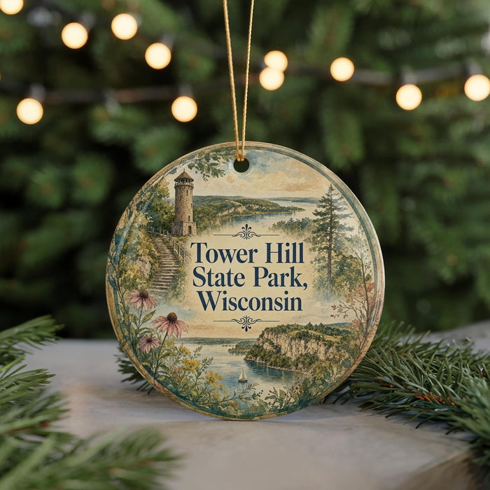 A round ornament with a scenic landscape of Tower Hill State Park, Wisconsin, featuring a lighthouse, trees, and a body of water.