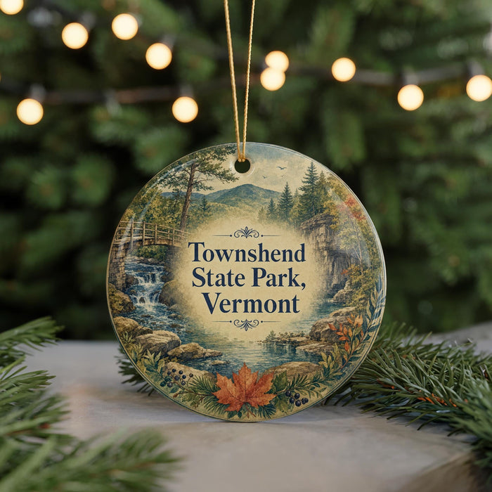 A round ornament with a scenic landscape of Townshend State Park, Vermont, featuring a waterfall, bridge, and trees, surrounded by greenery and holiday lights.