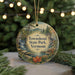 A round ornament with a scenic landscape of Townshend State Park, Vermont, featuring a waterfall, bridge, and trees, surrounded by greenery and holiday lights.