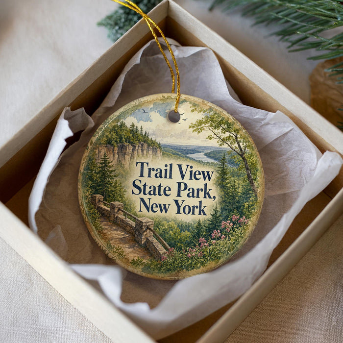 A decorative ornament in a box, featuring a scenic landscape with a bridge and trees, with the text "Trail View State Park, New York" prominently displayed.