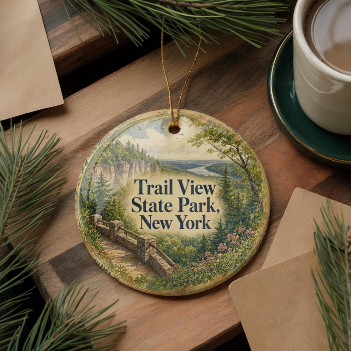 A round ornament with a scenic landscape of Trail State Park, New York, featuring a bridge and pine trees, is displayed on a wooden surface alongside a cup of coffee and some papers.