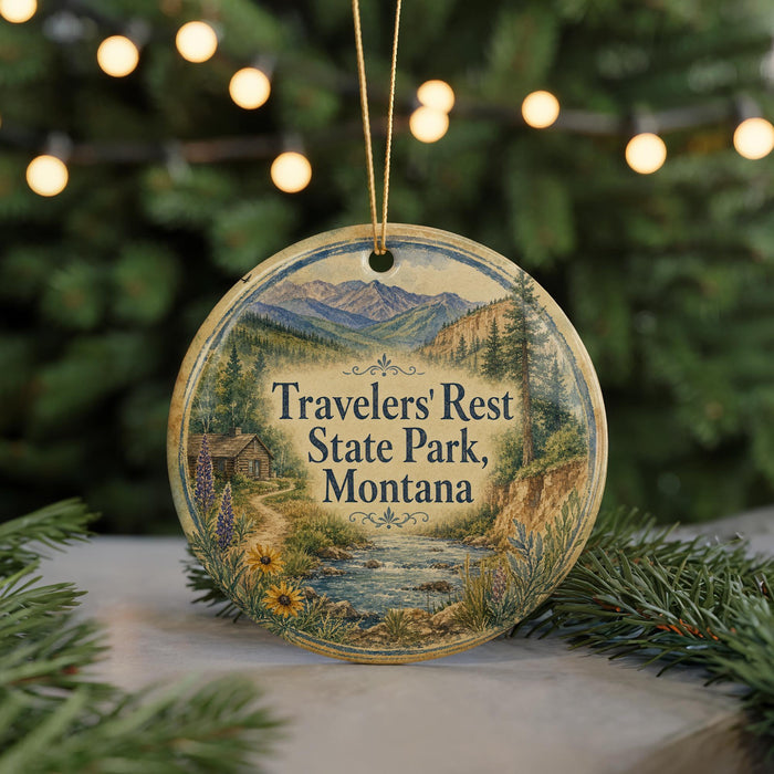 A round ornament with a scenic mountain landscape and a cabin, hanging from a string.