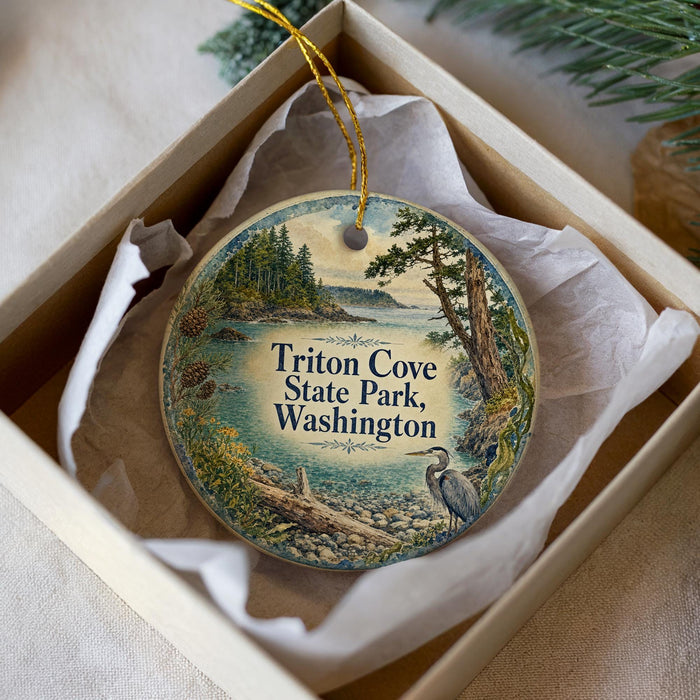A circular ornament with a scenic landscape of a lake, trees, and a bird, displayed in a box with a white tissue paper lining.