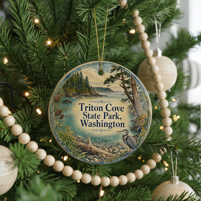A round ornament hanging on a Christmas tree, featuring a scenic landscape of a lake and trees.