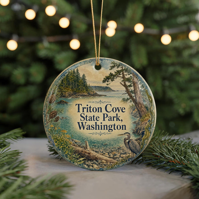 A round ornament with a scenic image of a park, featuring a bird, trees, and a body of water, hanging in front of a Christmas tree with lights.