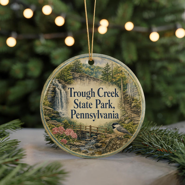 A round ornament with a scenic image of a waterfall and a bird, surrounded by greenery, is hanging from a string.