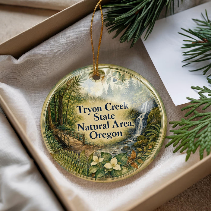 A round ornament with a scenic forest landscape and a waterfall, hanging from a string.