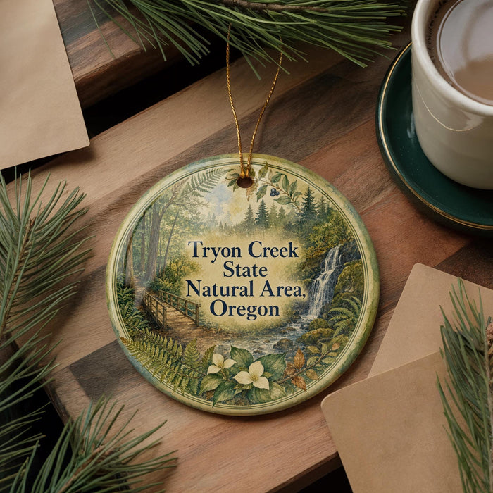 A circular ornament with a nature scene and text, placed on a wooden surface next to a cup of coffee and pine branches.