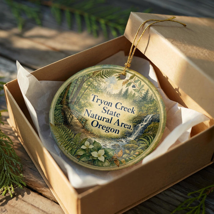 A decorative ornament in a wooden box, featuring a natural scene with ferns, flowers, and a waterfall.