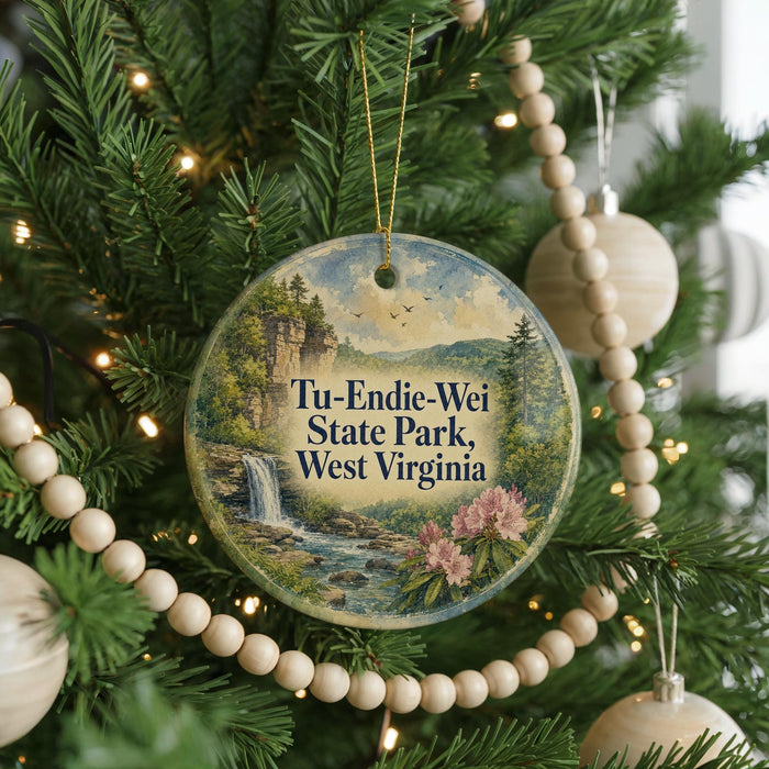 A round ornament hanging on a Christmas tree, featuring a scenic landscape with a waterfall and mountains.