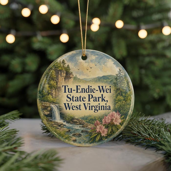 A round ornament with a scenic image of Tu-Endie-Wei State Park, West Virginia, hanging from a string.