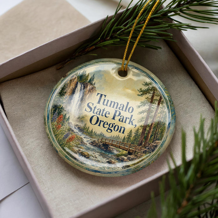 A decorative ornament in a box, featuring a scenic landscape with a waterfall, pine trees, and a bridge.