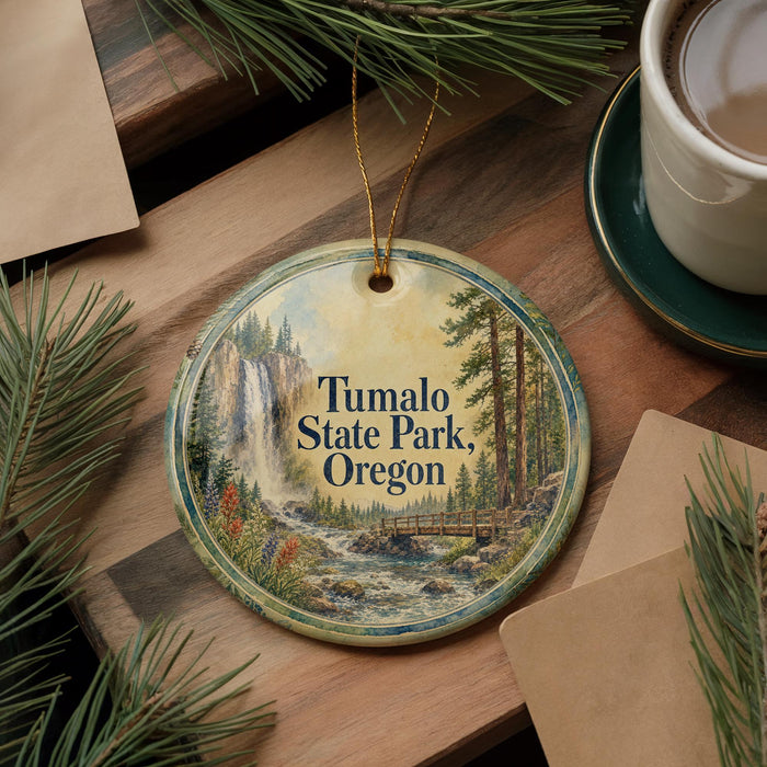 A decorative ornament featuring a scenic image of Tumalo State Park, Oregon, with pine branches and a cup of coffee nearby.