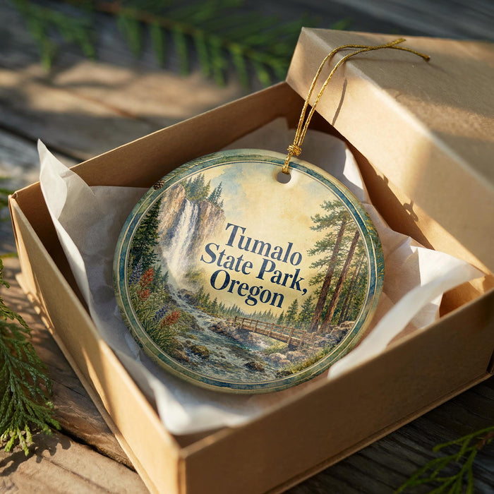 A decorative ornament in a box, featuring a scenic landscape with a waterfall and pine trees, with the text "Tumalo State Park, Oregon" printed on it.