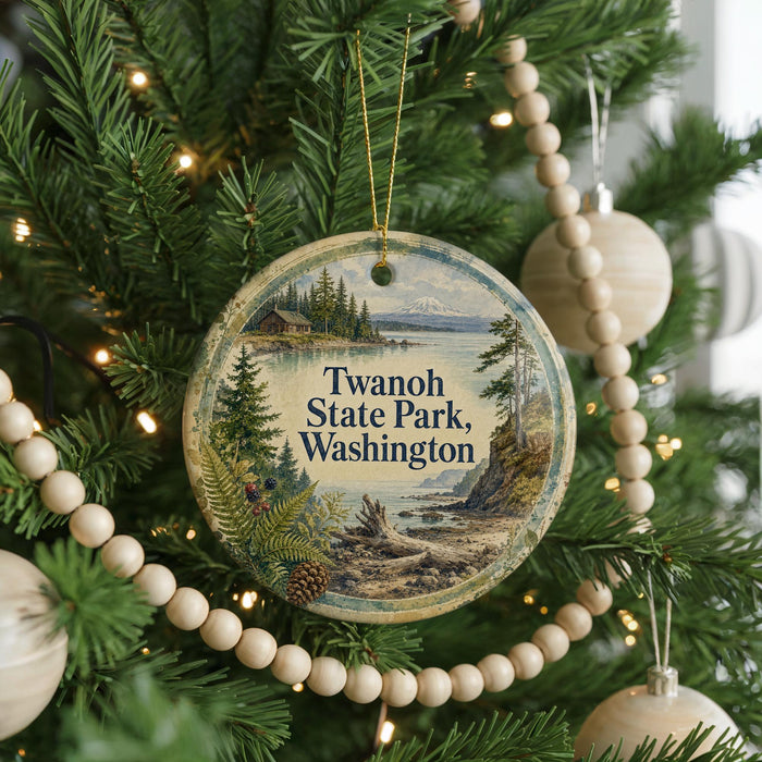 A round ornament hanging on a Christmas tree, featuring a scenic landscape with a lake, mountains, and pine trees.