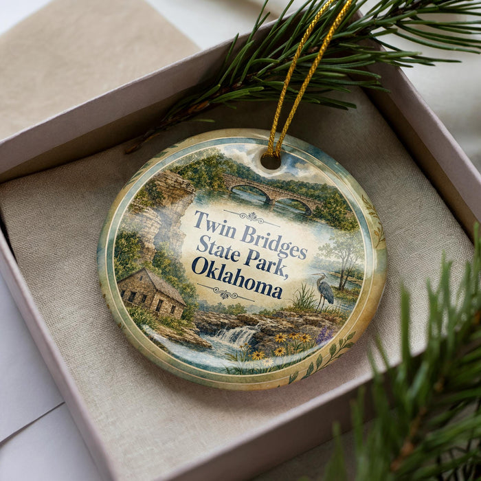 A decorative ornament with a scenic image of Twin Bridges State Park in Oklahoma, featuring a waterfall and a bird in flight.