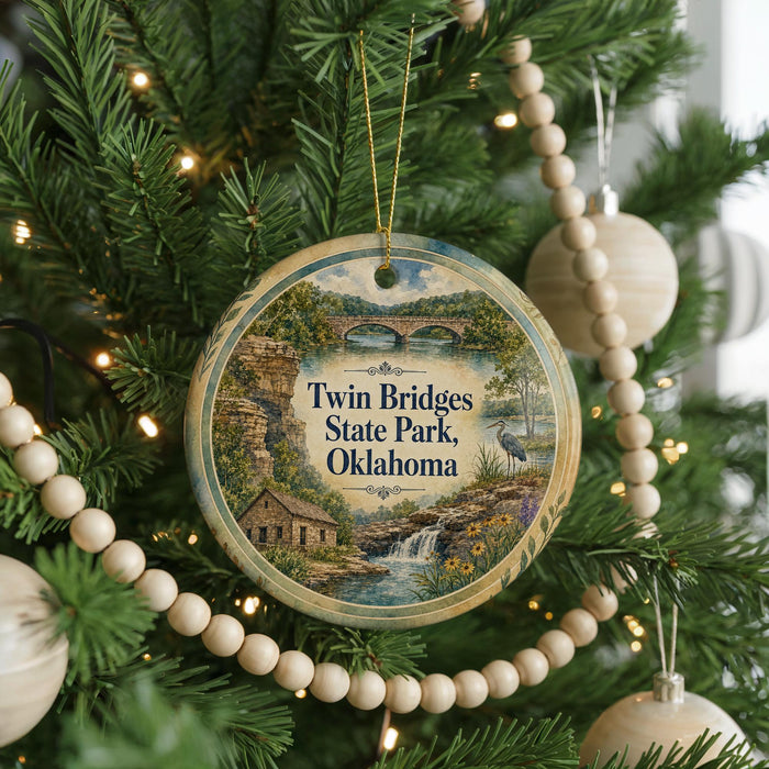 A round ornament hanging on a Christmas tree, featuring a scenic image of Twin Bridges State Park in Oklahoma.