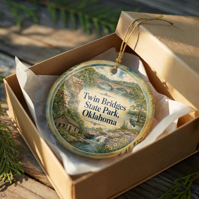 A decorative ornament in a wooden box, featuring a scenic landscape with a river, buildings, and greenery.