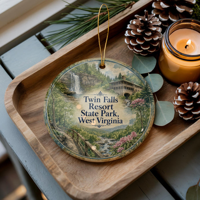 A decorative ornament featuring a scenic image of Twin Falls Resort State Park, West Virginia, with pine cones and a lit candle on a wooden tray.