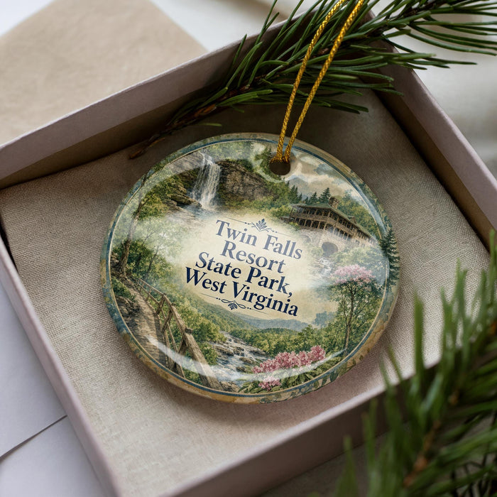 A decorative ornament in a box, featuring a scenic image of Twin Falls Resort State Park in West Virginia.