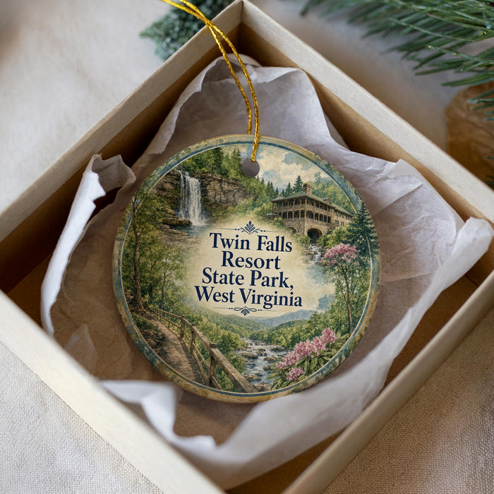 A decorative ornament in a white box, featuring a scenic image of Twin Falls Resort State Park, West Virginia.