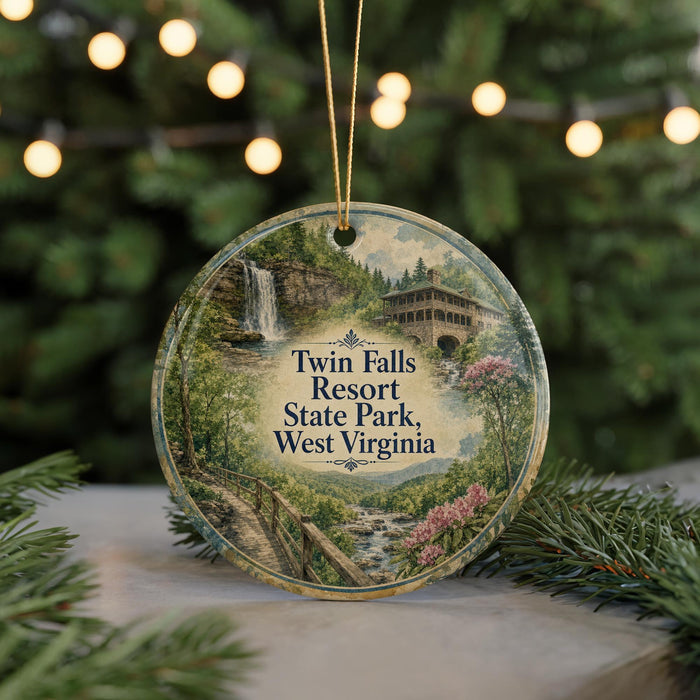 A decorative ornament featuring a scenic image of Twin Falls Resort State Park in West Virginia, with a waterfall and a building in the background.