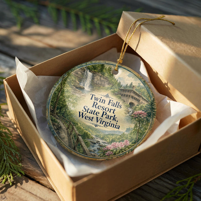 A decorative ornament in a wooden box, featuring a scenic image of Twin Falls Resort State Park West Virginia.