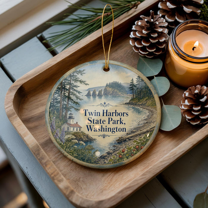 A decorative ornament featuring a scenic landscape of Twin Harbors State Park in Washington, with pine cones and a lit candle on a wooden tray.