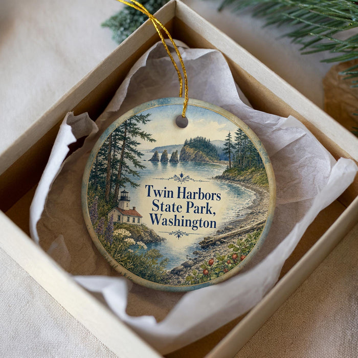 A decorative ornament in a white box, featuring a scenic landscape with a lighthouse and a river.