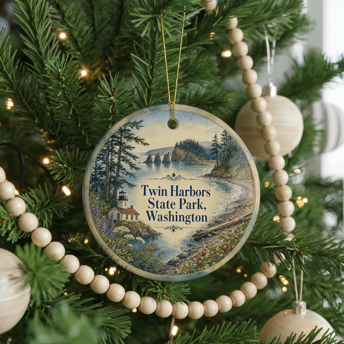 A round ornament hanging on a Christmas tree, featuring a scenic landscape with a lighthouse and a river.