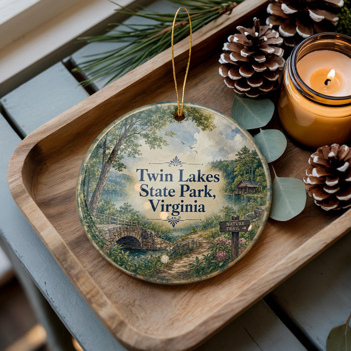 A decorative ornament featuring a scenic image of Twin Lakes State Park, Virginia, with a candle and pine cones on a wooden tray.