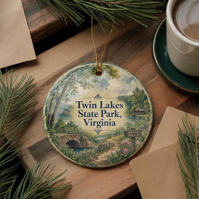 A decorative ornament featuring a scenic landscape of Twin Lakes State Park, Virginia, with a path leading to a bridge and a cabin in the background.