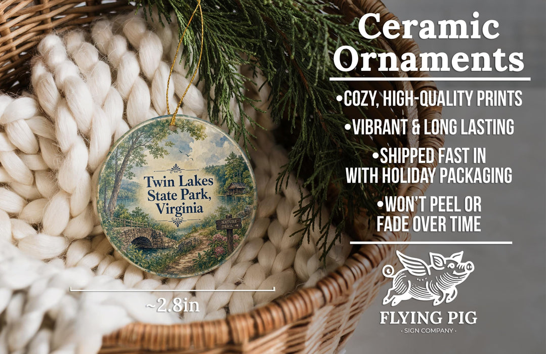 Ceramic ornaments, featuring a scenic image of Twin Lakes State Park, Virginia, hanging from a wicker basket.